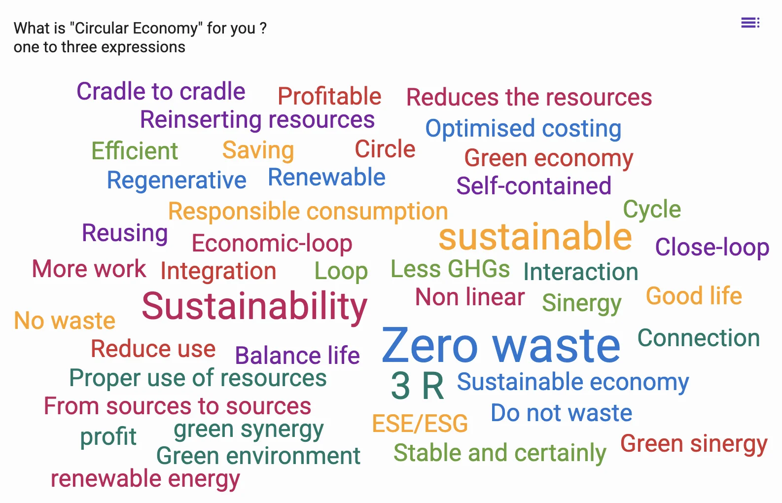Nuage de mots en début de séance : zero waste, sustainability, cradle to cradle, 3R, renewable energy, optimised costing